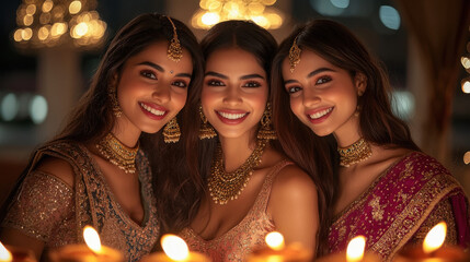 Wall Mural - three smiling Indian women with flawless makeup and elegance. The models are posing in a luxurious setting with warm lighting, surrounded by softly glowing diyas.