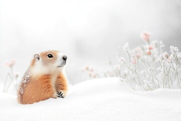 Wall Mural - A small mammal perched on the snowy surface, possibly looking for food or shelter