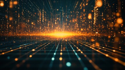 Fototapete - Abstract digital grid with glowing particles, data stream visualization.