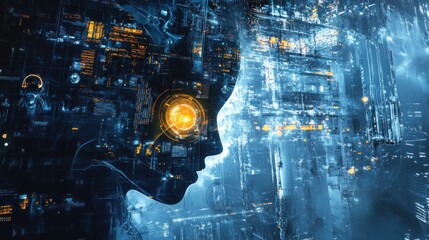 Aufkleber - Abstract digital human profile overlaid on a futuristic cityscape, glowing orange eye detail.