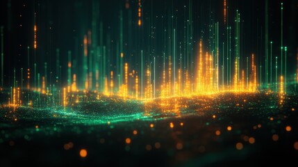 Fototapete - Abstract digital landscape with glowing lines and particles.