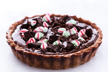 Wall Mural - A delicious-looking chocolate tart topped with colorful candy canes, perfect for holiday treats or festive celebrations