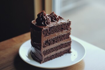 Wall Mural - Freshly baked chocolate cake served on a clean white plate, perfect for a dessert or snack