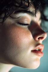 Canvas Print - A close-up shot of a woman's face with her eyes closed, suitable for use in portraits, profiles, and facial expressions