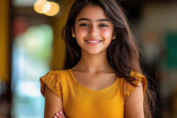 Wall Mural - young woman standing confidently on office background