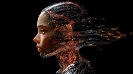 Canvas Print - Digital portrait of a girl, glowing lines forming her face, dark background.