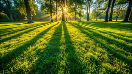 Poster - Morning Sunlight Creating Shadows on Lush Green Grass. Generative AI