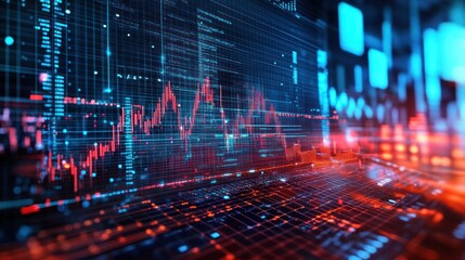 Aufkleber - Abstract digital stock market data visualization with red and blue glowing lines and charts on a dark background.