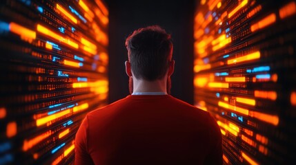 Aufkleber - Futuristic Person Surrounded by Dynamic Lights Representing Data Flow and Technology in a Dark Environment