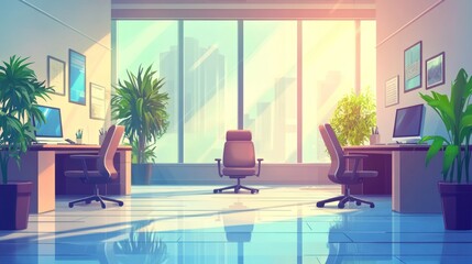 Wall Mural - Sunlit modern office with city view, two desks, plants.