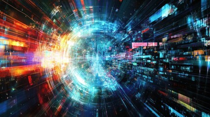 Fototapete - Abstract digital tunnel with vibrant, multicolored light streaks and data streams.