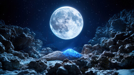 Wall Mural - A luminous full moon illuminates a rocky landscape, highlighting a sparkling blue mound, creating a serene and mystical nighttime scene.