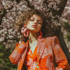 Wall Mural - A woman wearing an orange jacket and floral print dress, standing against a plain background