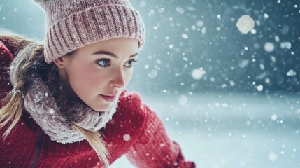 Wall Mural - A woman wearing a red sweater and hat standing in snowy surroundings