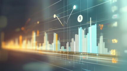 Fototapete - Abstract financial data visualization; glowing bar and line graphs on screen.