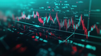Fototapete - Abstract financial data visualization with red and teal stock market graphs and digital numbers on a dark background.