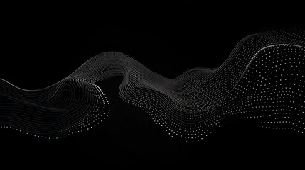 Poster - Abstract flowing wave of light grey particles on black background.