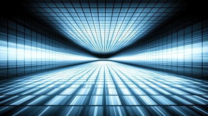 Fototapete - Abstract Digital Tunnel with Blue Grids and Light Effects for Futuristic Backgrounds and Designs