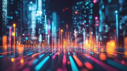 Fototapete - Abstract futuristic cityscape with glowing lines and vibrant colors, representing digital technology and urban development.