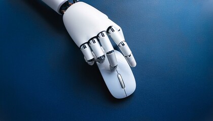 robotic hand using computer mouse on blue background