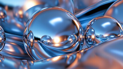 Wall Mural - abstract 3d render of shiny, silver spheres and flowing, metallic shapes.