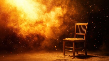 Poster - Wooden Chair Surrounded by Vibrant Clouds of Dust and Orange Particles in Dramatic Lighting