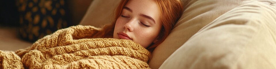 Canvas Print - A woman lies down on a couch with her eyes closed, appearing relaxed and calm