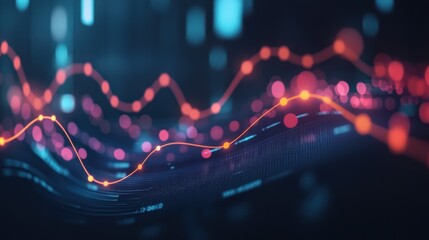 Fototapete - Abstract glowing lines and data points forming a wave-like graph on a dark background.