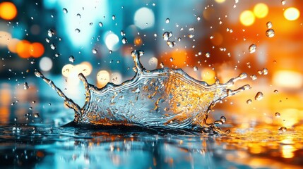 Poster - Vibrant Water Splash with Colorful Bokeh Background in Urban Environment at Night