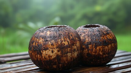 Wall Mural - Rain-soaked coconuts on bamboo, lush green background, refreshing drink concept