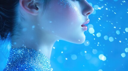 Wall Mural - A woman with glitter on her face standing in snowy surroundings