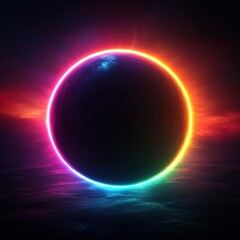 Poster - Illuminated dark sun with a vibrant rainbow halo against a minimalist black backdrop creating a captivating atmosphere of mystery and depth