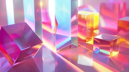 Wall Mural - Abstract geometric shapes made of glass or crystal, illuminated with colorful, bright lights.