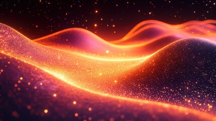 Poster - Abstract glowing orange and purple waves with sparkling particles.