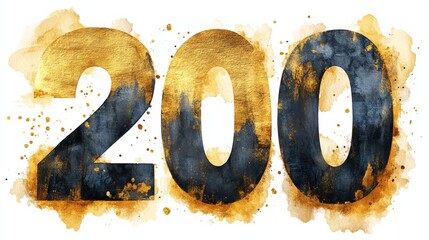 Poster - 200 in Golden Texture with Watercolor Splashes - An abstract illustration of the number two hundred with golden and blue textures, painted style.