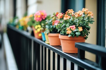 Canvas Print - Potted flowers on a balcony railing, perfect for small spaces and urban gardens