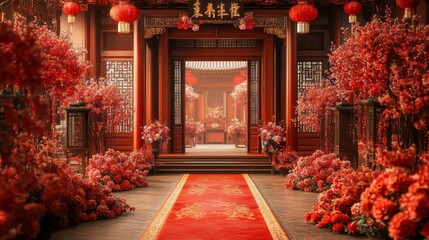 Aufkleber - Auspicious Red: An Enchanting Entrance to a Traditional Chinese Courtyard Adorned with Lanterns and Blossoming Red Flowers, Bathed in Warm Light.