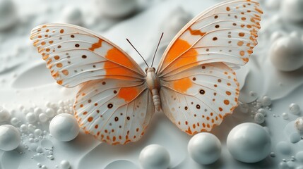 Poster - Detailed Macro: Butterfly with Orange Spots on White Wings, Resting Among Elegant White Pearls, Highlighting the Intricate Details and Delicate Beauty of Nature