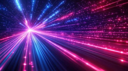 Fototapete - Abstract glowing pink and blue light streaks converging to a central point, simulating high-speed movement or data flow.
