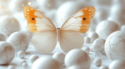 Poster - Golden Wings: A Delicate Butterfly Amidst a Dreamscape of Floating Marble Spheres, Bathed in Soft Light and Sparkling Dust Motes,  a Symbol of Transformation and Beauty
