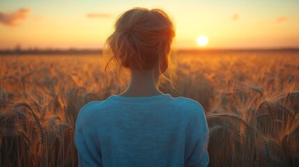 Poster - Woman Contemplates a Golden Sunset Over a Wheat Field: Serenity and Reflection in Nature's Embrace, a Moment of Peace and Beauty.