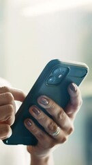 Poster - Person, hands and scroll with phone for social media, communication and app. Woman, business chat and internet with smartphone for email, online conversation and networking with message at work