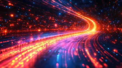 Poster - Abstract glowing tunnel with vibrant light trails and particles.