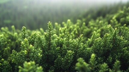 Wall Mural - Close-up view of a lush green plant surrounded by misty fog