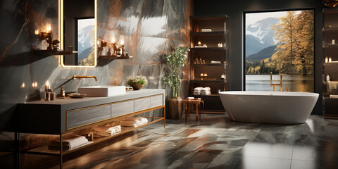 Wall Mural - A luxurious bathroom with golden accents, a freestanding bathtub, and floor-to-ceiling windows offers a breathtaking view of a serene mountain lake in autumn.