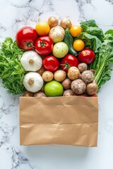 Wall Mural - Fresh, colorful organic vegetables spilling out of a brown paper bag on a white marble countertop.