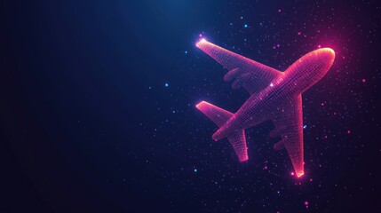 Canvas Print - Abstract glowing airplane in dark space.