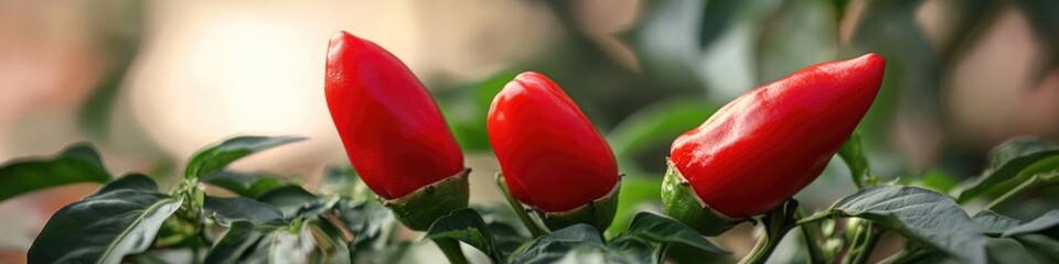 Poster - A pair of bright red peppers sitting on top of a lush green plant