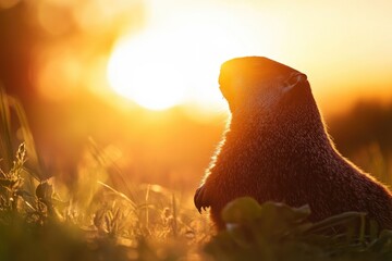 Wall Mural - A groundhog standing in the grass during sunset, possibly contemplating its day