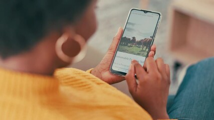Poster - Phone screen, hands and woman with connection, typing and article for sustainability. Apartment, closeup and person with cellphone, social media and online reading for farming or agriculture research